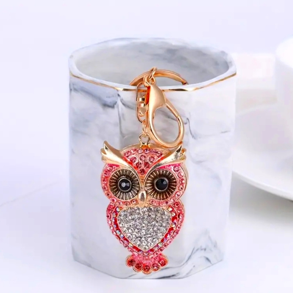 Sparkling Pink Rhinestone Owl; Bag Charm, Keychain, Zipper Pull, or Pendant